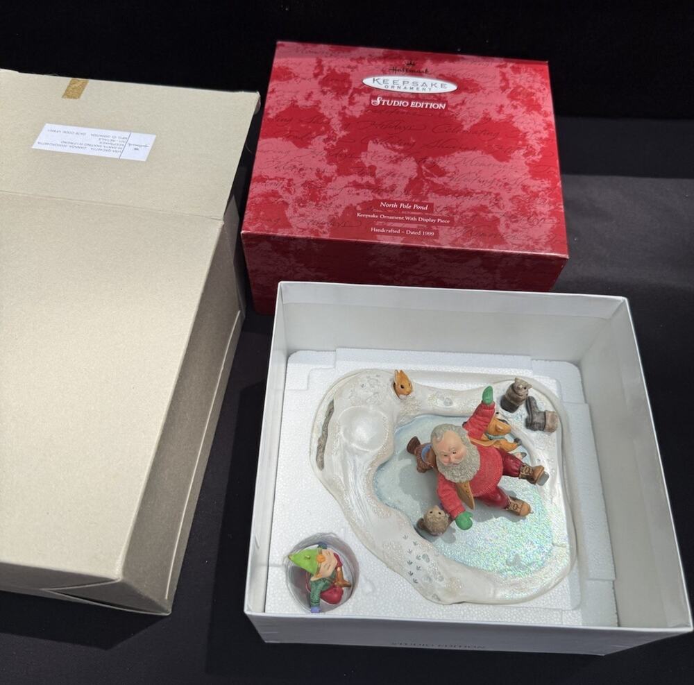 1999 Hallmark North Pole Pond Santa Figurine Studio Edition Handcrafted 2 Boxes